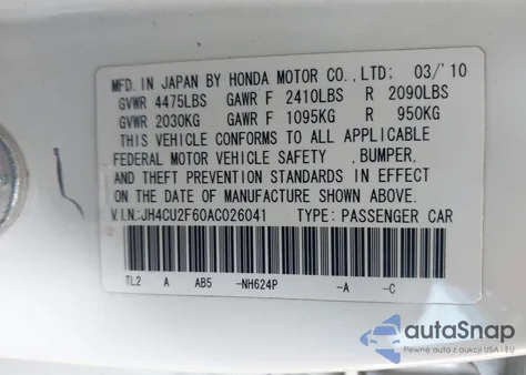 2010 Acura Tsx 2.4 from USA, damaged, VIN JH4CU2F60AC026041